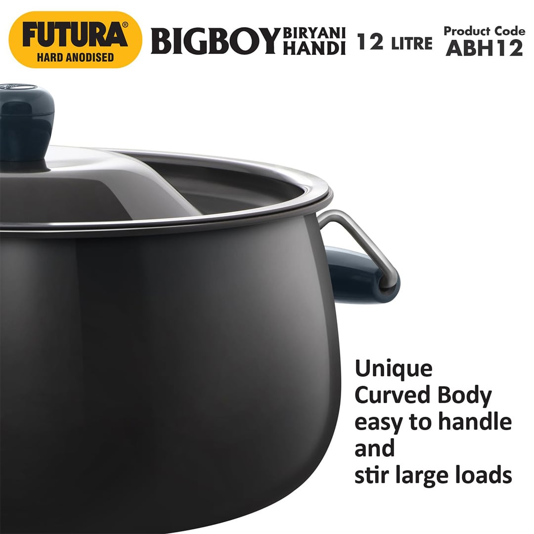 Picture of Hawkins Futura 12 Litre Bigboy Biryani Handi, Polished Hard Anodised Pot with Hard Anodised Lid, Sauce Pan for Cooking and Serving Biriyani